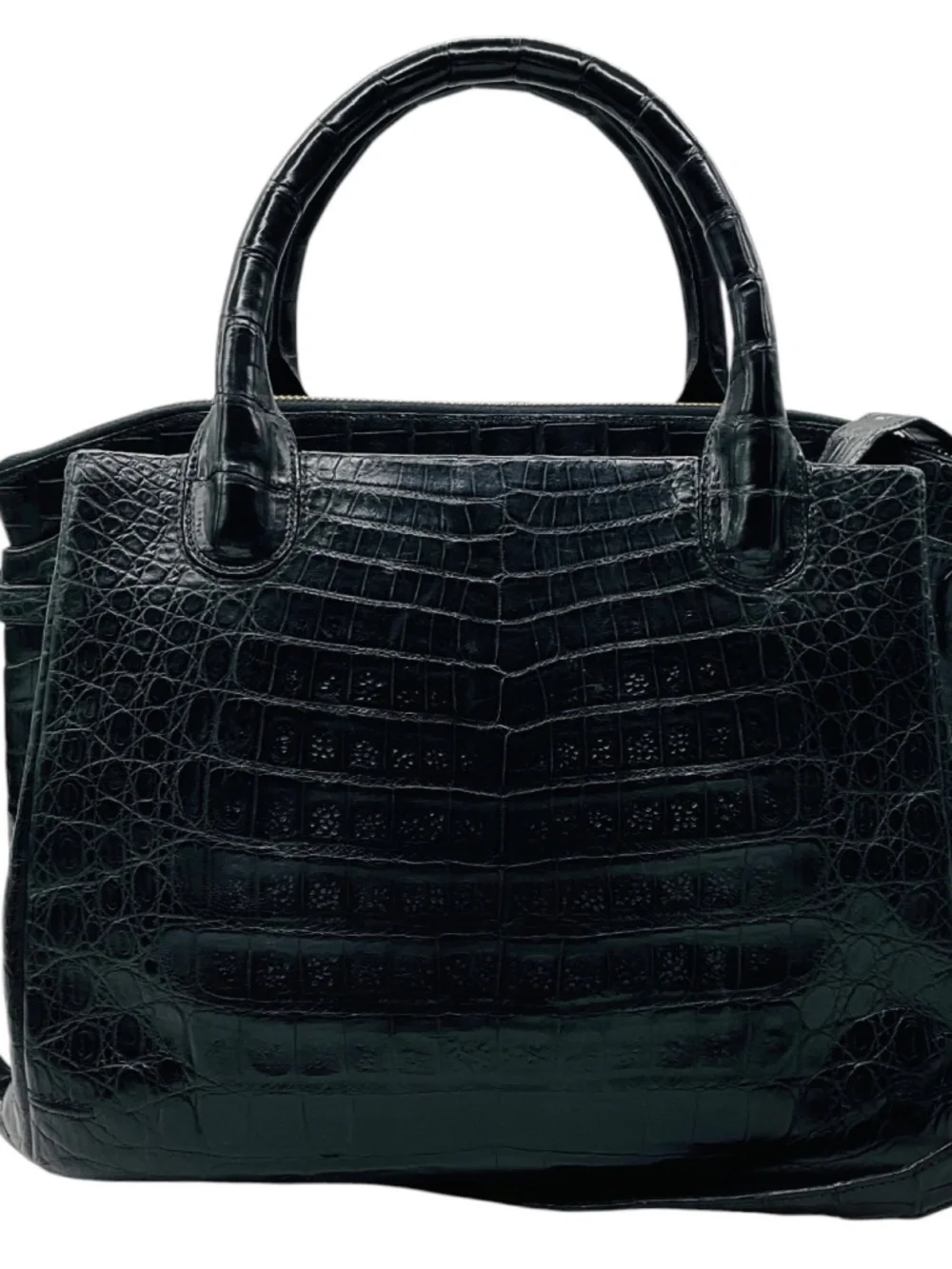NANCY GONZALEZ BLACK GENUINE CROCODILE DOUBLE TOP HANDLE SATCHEL HANDBAG